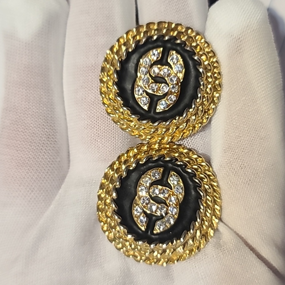 RARE Vintage 90s CHANEL clip-on Earrings - SUPER RARE BLACK & GOLD DIAMANTÉ!